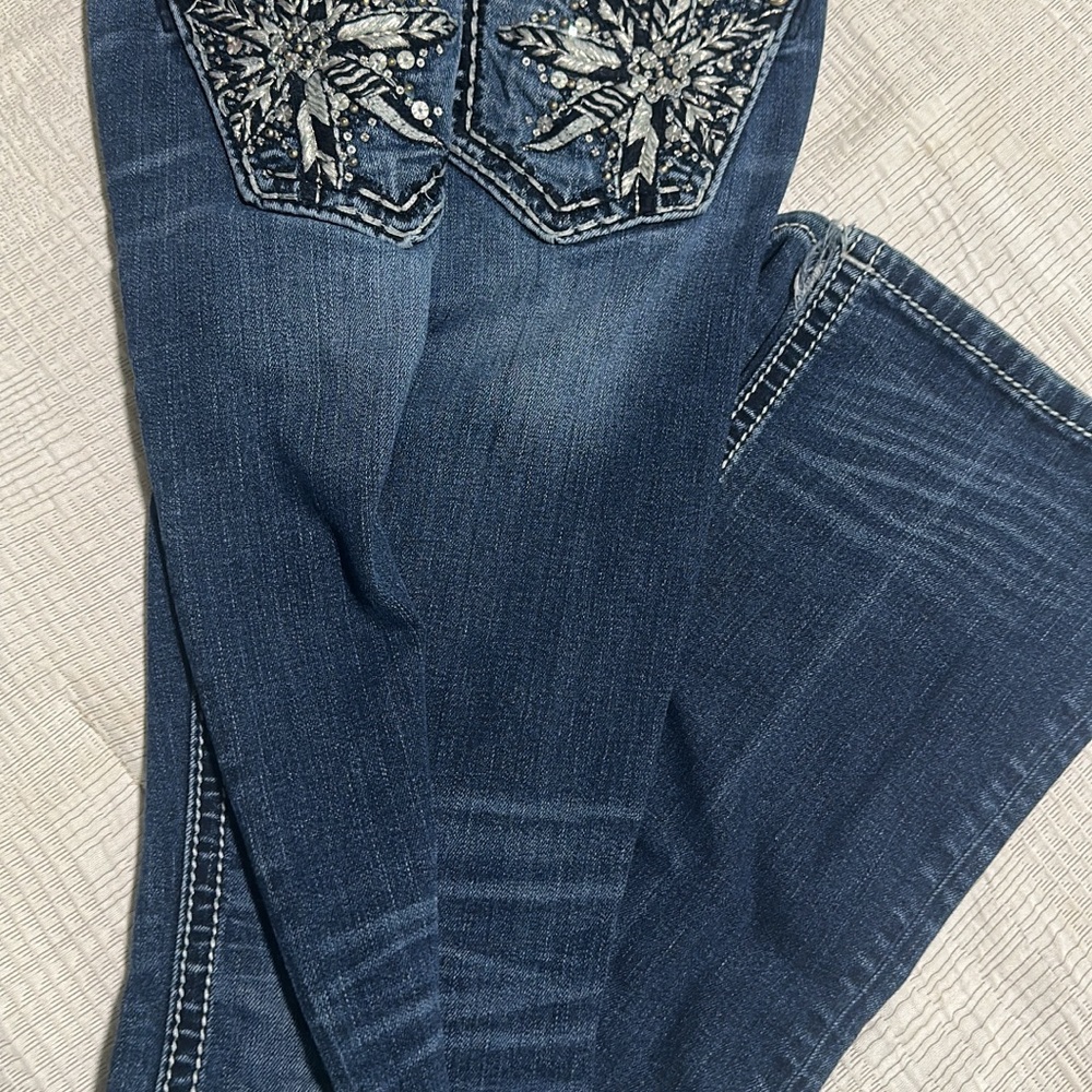Miss Me Blue Boot Cut Jeans with Ornate Embellishments